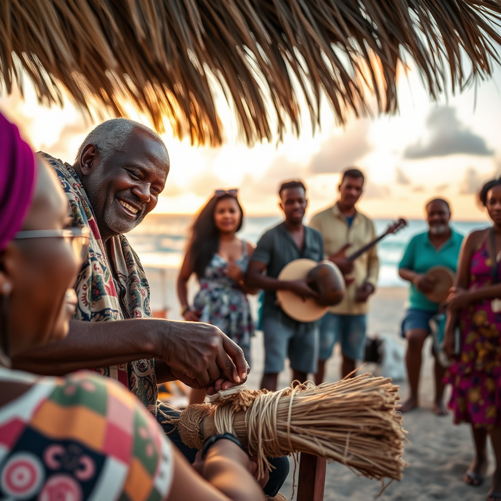A close-up, photorealistic image of a local Bajan artisan demonstrating traditional craft-making techniques to a group of tourists on the beach. The artisan is smiling and engaging with the tourists, who are attentively watching and learning. The scene is set against the backdrop of a beautiful sunset, with the sound of steelpan music in the air. Focus on the details of the artisan's hands, the textures of the craft materials, and the expressions of curiosity and appreciation on the tourists' faces. Style: Cultural documentary photography with a focus on authenticity and human connection. Technical specs: 4K resolution, shallow depth of field, warm and inviting color palette.