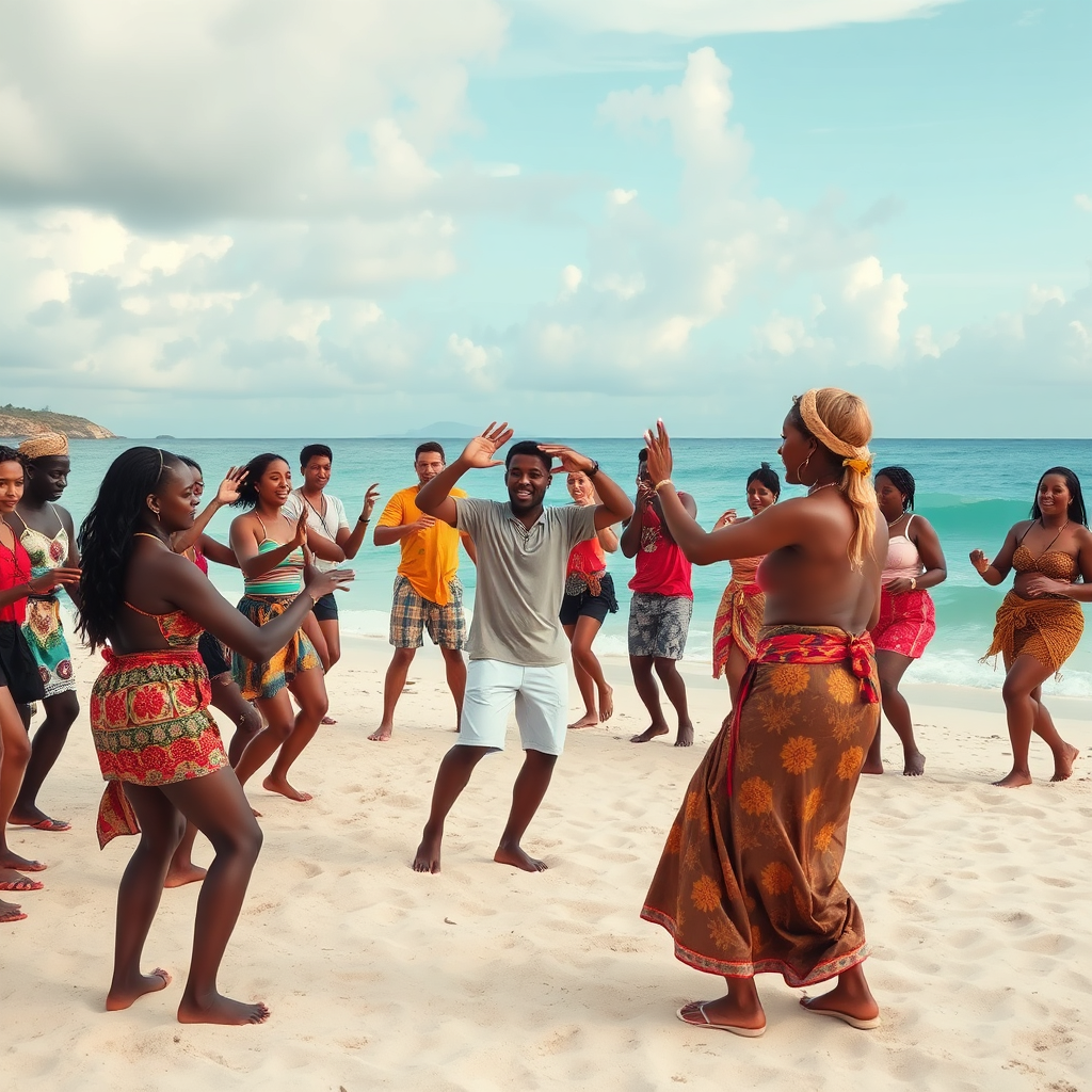 A photorealistic image depicting a group of tourists and locals participating in a traditional Bajan dance workshop on the beach. The instructor is demonstrating the steps, and the participants are enthusiastically following along. The scene conveys a sense of joy and connection. Style: Cultural immersion photography with a focus on capturing the spirit of unity and collaboration. Technical specs: 4K resolution, dynamic composition, vibrant color palette.