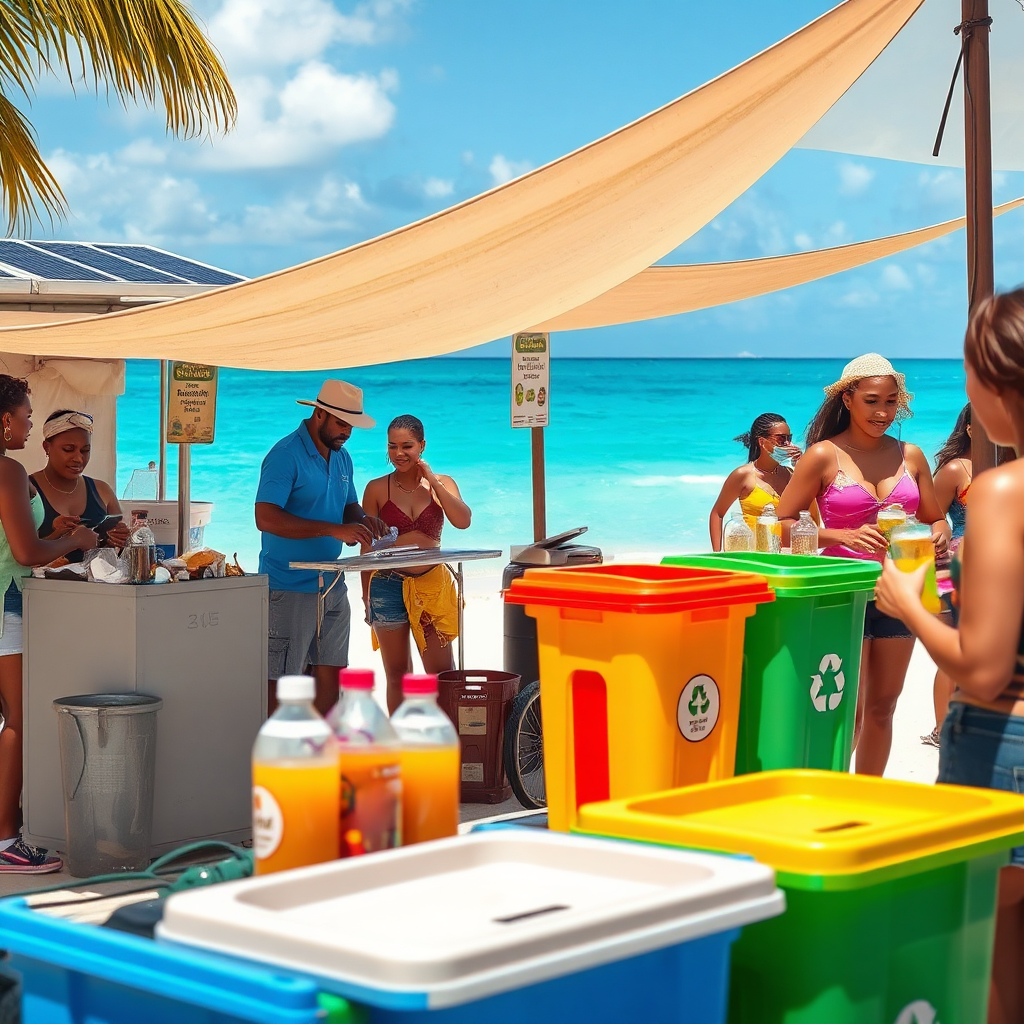 A photorealistic image of a beach event in Barbados where all the food and drinks are served in reusable or biodegradable containers. The vendors are using solar-powered equipment, and there are clearly marked recycling bins for different types of waste. Participants are actively using the recycling bins and are conscious of minimizing their environmental impact. The scene is set against the backdrop of a beautiful beach with clear blue water. Style: Environmental documentary photography with a focus on showcasing sustainable practices. Technical specs: 4K resolution, bright and cheerful lighting, vibrant color palette.
