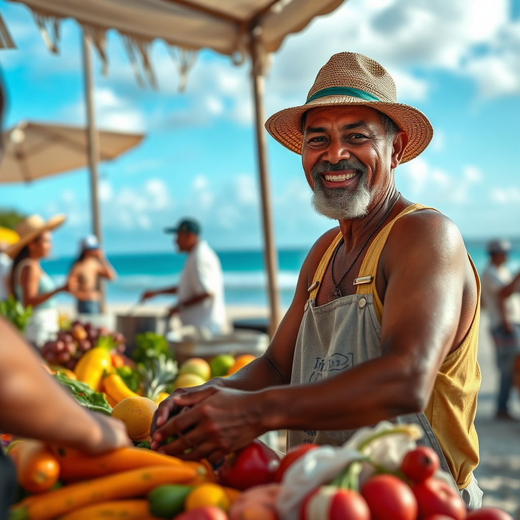 A photorealistic image of a local Bajan farmer selling fresh produce at a farmers market during a beach event. The produce is colorful and vibrant, and the farmer is smiling and engaging with the customers. The scene is set against the backdrop of a beautiful beach with the sound of steelpan music in the air. Focus on the details of the produce, the farmer's hands, and the expressions of satisfaction on the faces of the customers. Style: Food and cultural documentary photography with a focus on authenticity and local flavors. Technical specs: 4K resolution, shallow depth of field, warm and inviting color palette.